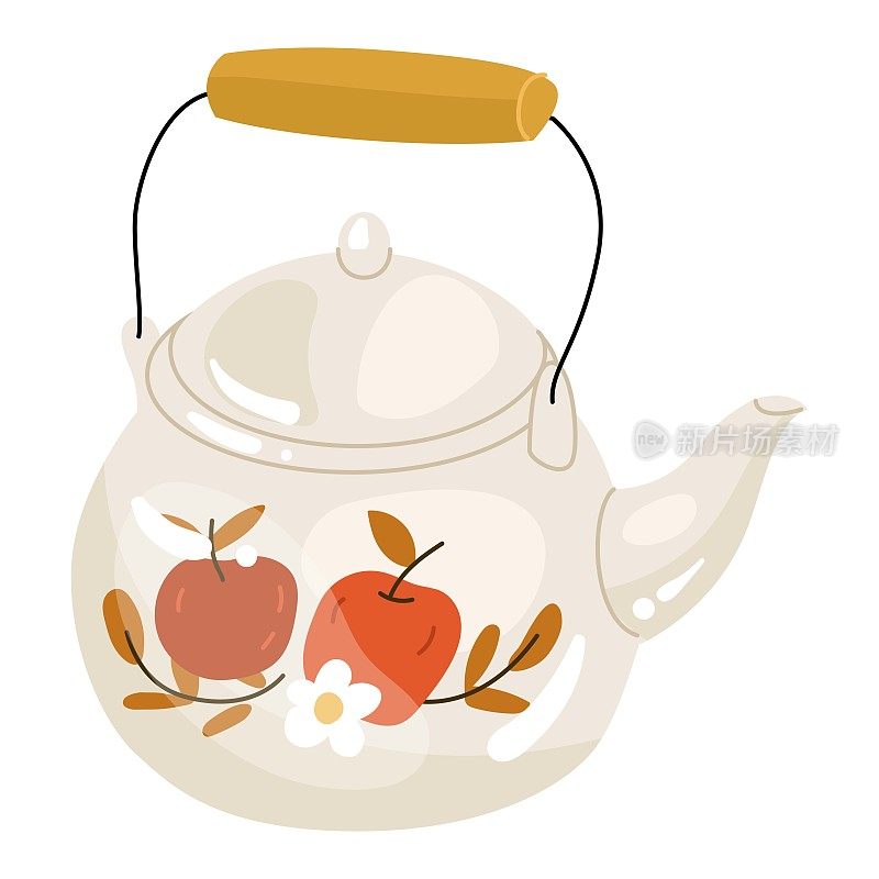 木柄花苹果金属搪瓷茶壶。烧开水和保持饮料温暖的装置。矢量插图。白色背景上孤立的物体。