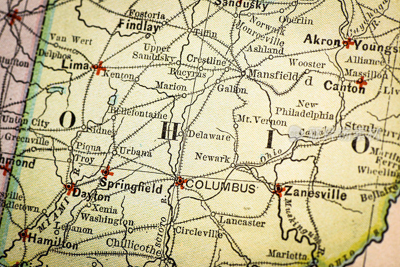 古董地图集地图宏观特写:俄亥俄州