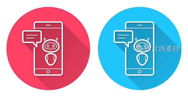 带聊天机器人的智能手机。圆形图标与长阴影在红色或蓝色的背景
