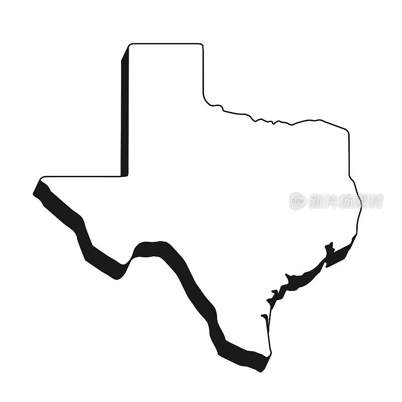 德州地图，黑色轮廓，白色背景上的阴影