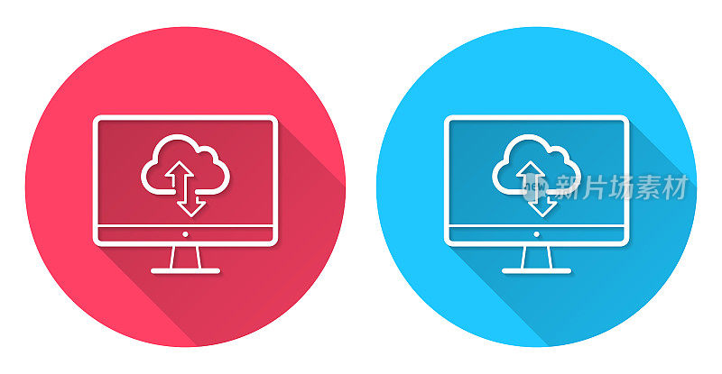云下载和上传与桌面电脑。圆形图标与长阴影在红色或蓝色的背景
