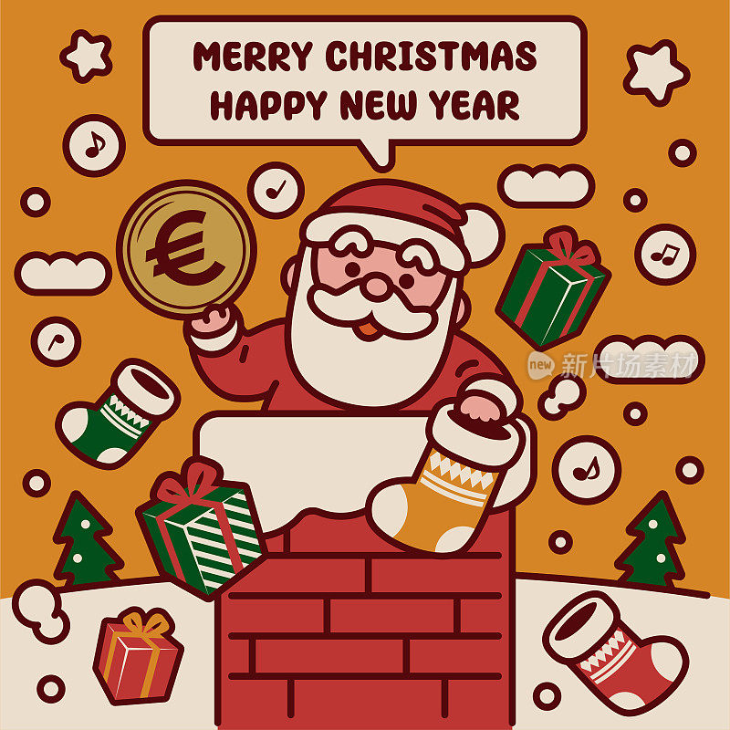 可爱的圣诞老人带着圣诞礼物爬上烟囱，给你钱，祝你圣诞快乐，新年快乐