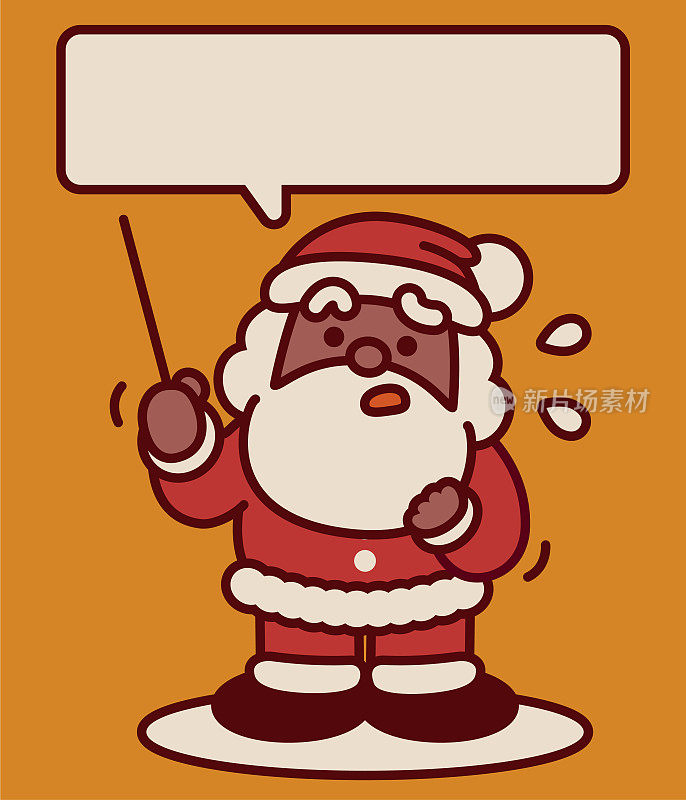 可爱的黑色圣诞老人拿着指挥棒或教师的教鞭，忧心忡忡地说话