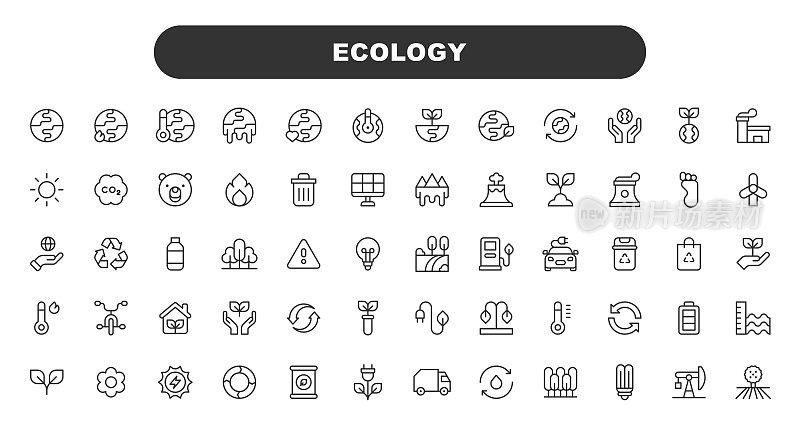生态线图标。可编辑的中风。包含诸如农业，气候，地球，电动汽车，能源，环境，花卉，全球变暖，自然，植物，回收等图标。