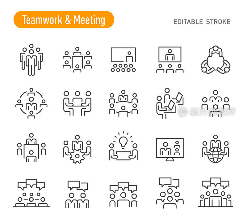 团队合作和会议图标-线系列