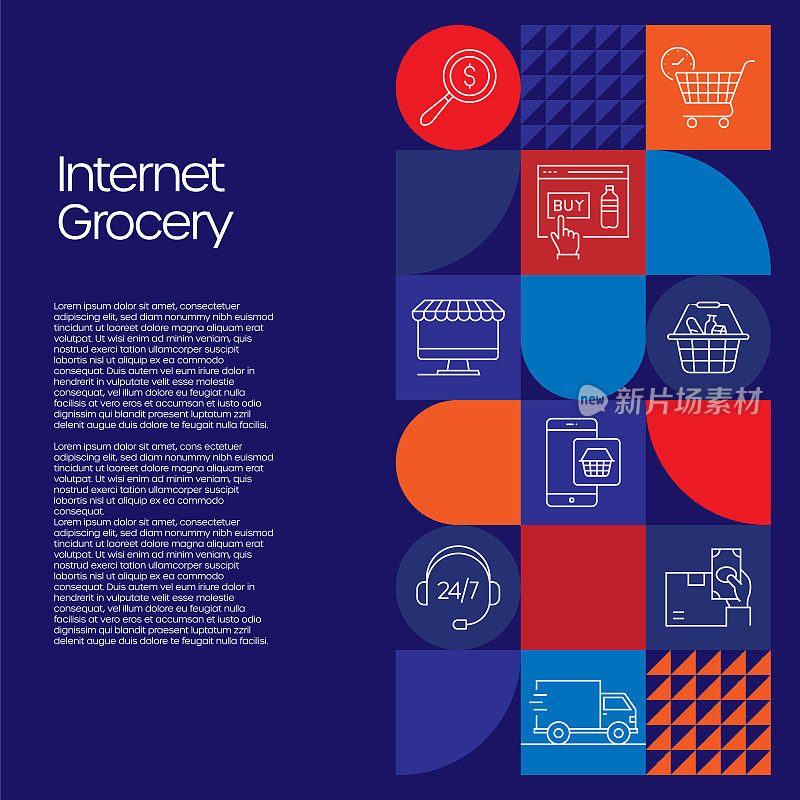 互联网杂货相关的设计与线图标。简单轮廓符号图标。网上购物，移动应用程序，送货，方便付款。