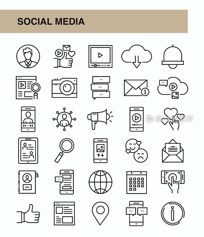 社交媒体图标可编辑笔画股票插图博客，品牌名称在线消息平台，智能手机，通信