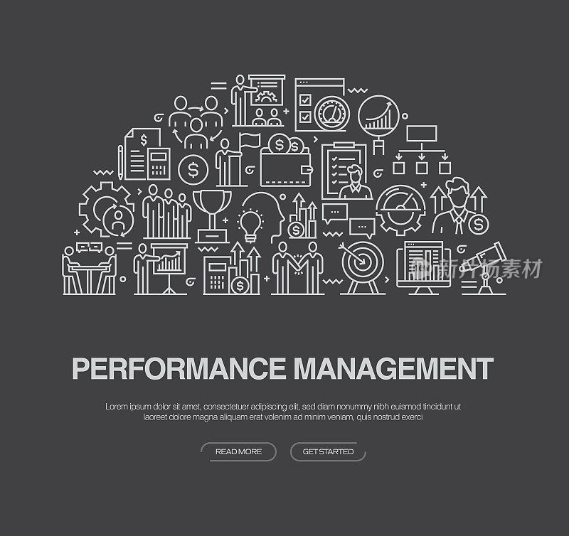 绩效管理相关的矢量横幅设计概念。全局多球体随时可用的模板。网页横幅，网站标题，杂志，移动应用程序等。现代设计。