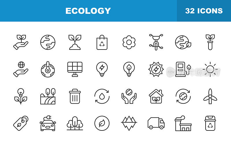 生态线图标。可编辑的中风。包含诸如农业，气候，地球，电动汽车，能源，环境，花卉，全球变暖，自然，植物，回收等图标。