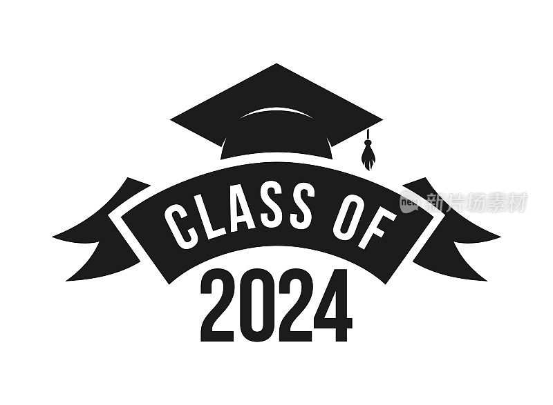 类2024年毕业徽章，仪式问候徽章与学位板和丝带剪出矢量图标