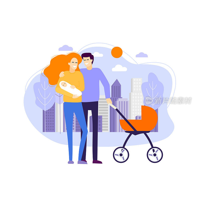 一对夫妇和婴儿在城市背景下。