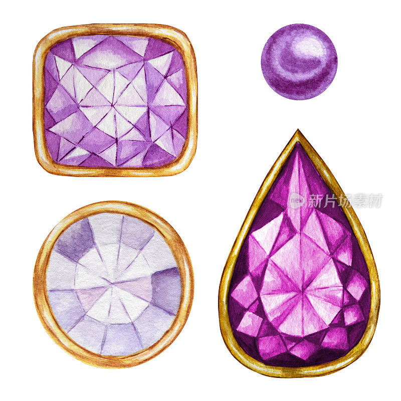 紫紫罗兰水晶在一个金框架和珠宝珠子。手绘水彩钻石。白色背景上孤立的奢侈品。手工制作珠宝的宝石。