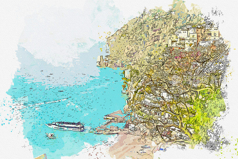 意大利著名地标阿马尔菲小镇索伦托的水彩画。