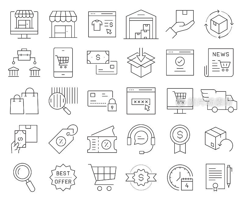 电子商务相关矢量线图标的简单设置。大纲符号集合。可编辑的中风