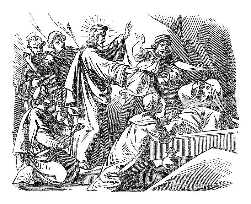耶稣复活拉撒路的圣经故事的古画。圣经，新约，约翰福音第11章