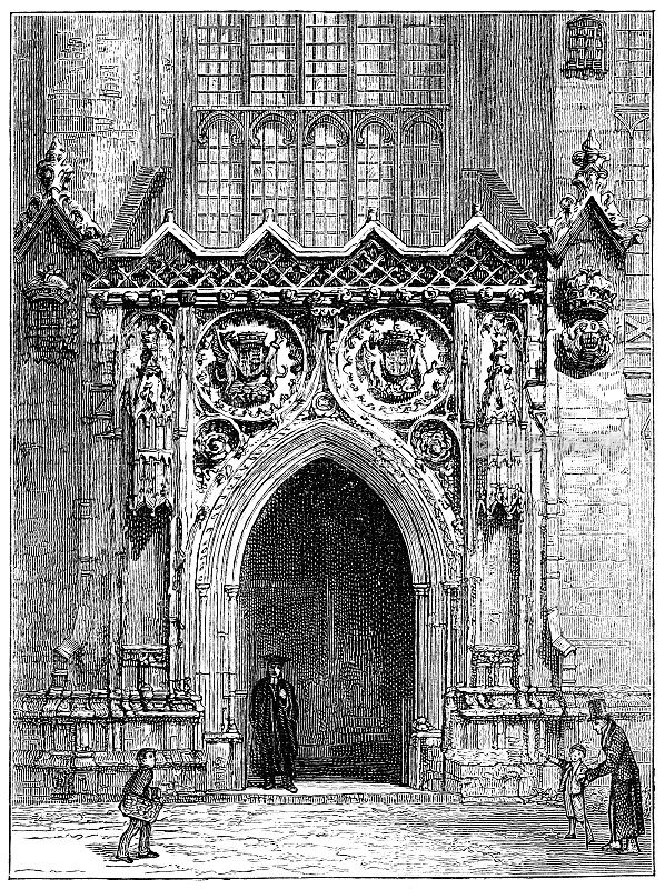 英国剑桥大学国王学院教堂的门，19世纪