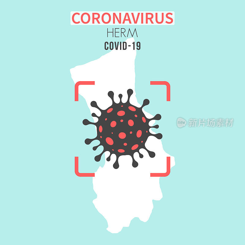 红色取景器中带有冠状病毒细胞(COVID-19)的赫姆地图