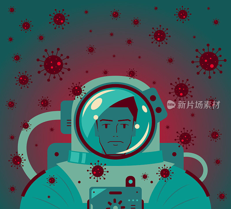宇航员(科学家、生物化学家、人类)穿着宇航服被新型冠状病毒(细菌、病毒)包围