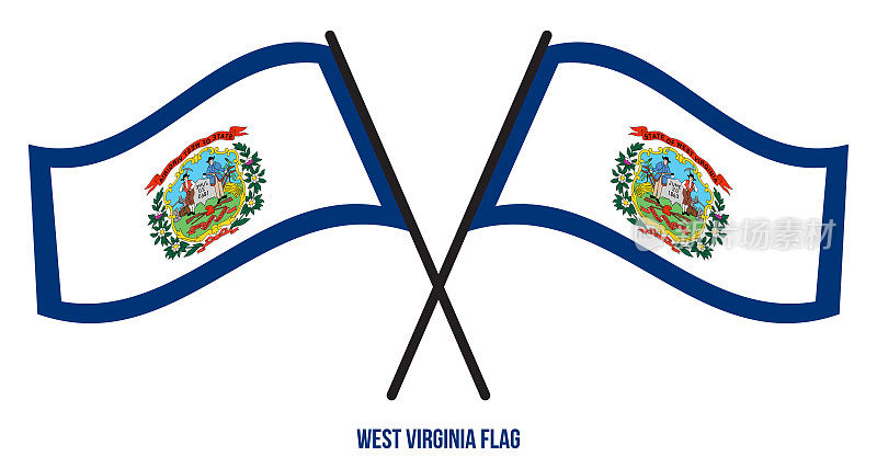 在孤立的白色背景上，两面交叉飘扬的西弗吉尼亚国旗。