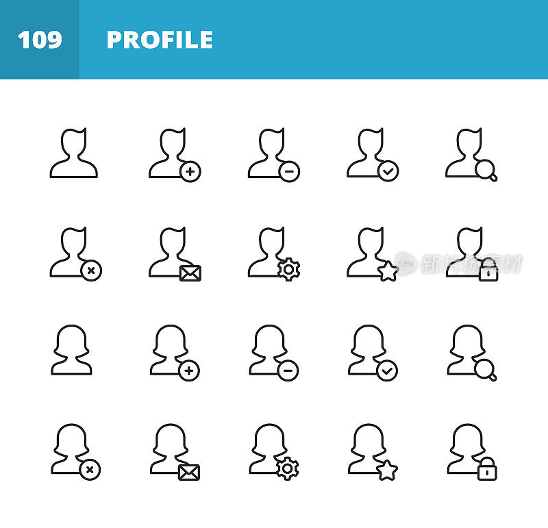 配置文件和用户线路图标。可编辑的中风。像素完美。移动和网络。包含如档案，用户，社交媒体，成员，沟通，头像，客户支持，人，男人，女人，用户界面设计，播放器，会议，视频。