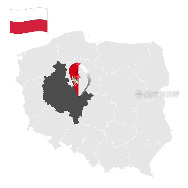 在波兰地图上的大波兰省的位置。3d位置标志类似于大波兰的旗帜。质量地图与省份的波兰为您的设计。EPS10。