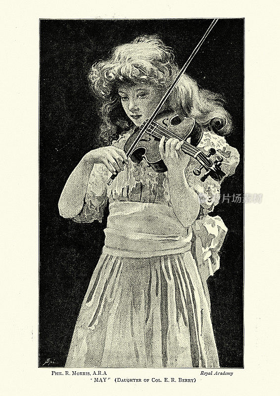 19世纪维多利亚时代,一个年轻女孩在拉小提琴