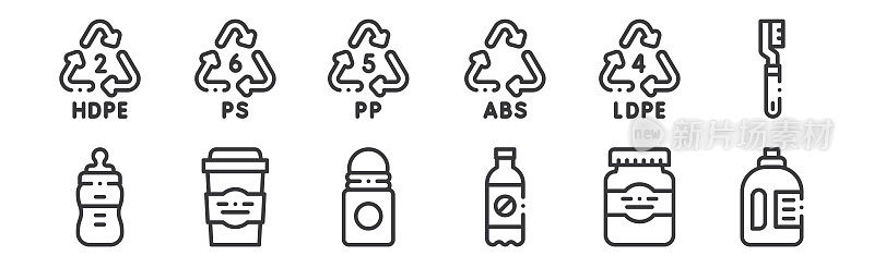 12套线性塑料制品图标。细轮廓图标，如洗涤剂，汽水瓶，咖啡杯，回收，回收，为网络，移动回收。