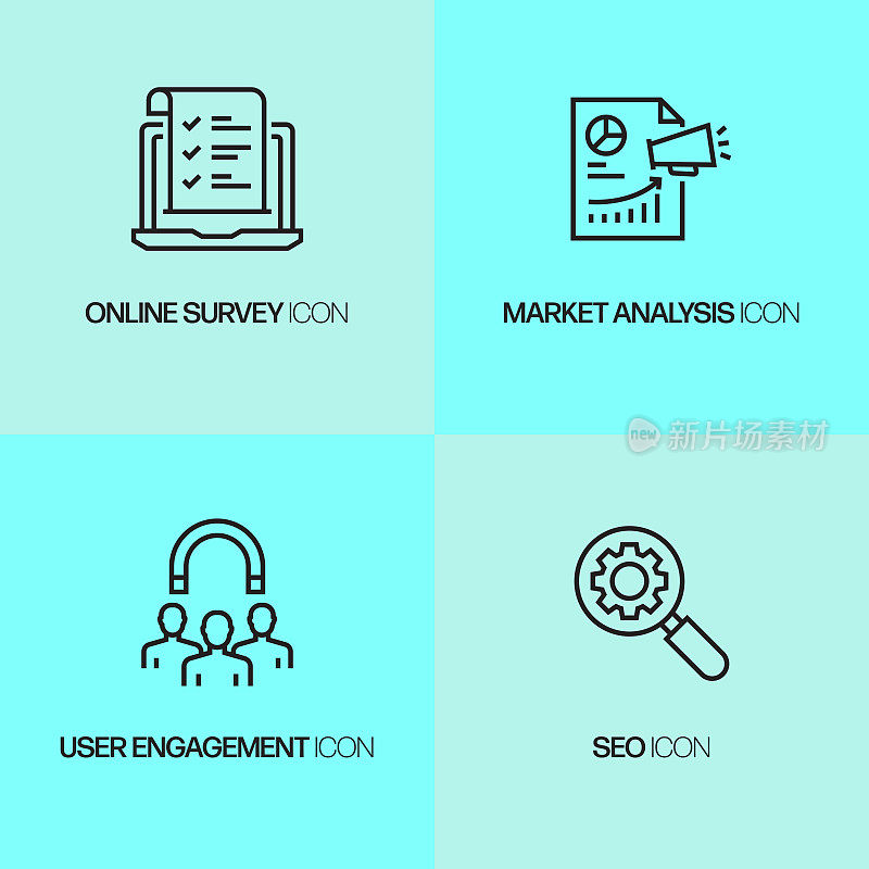 数字营销相关线图标。向量符号说明。