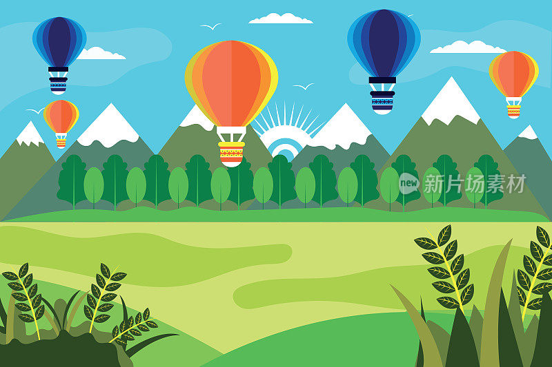 热气球纸。折纸艺术蓝色气球上的背景山和树木切矢量
