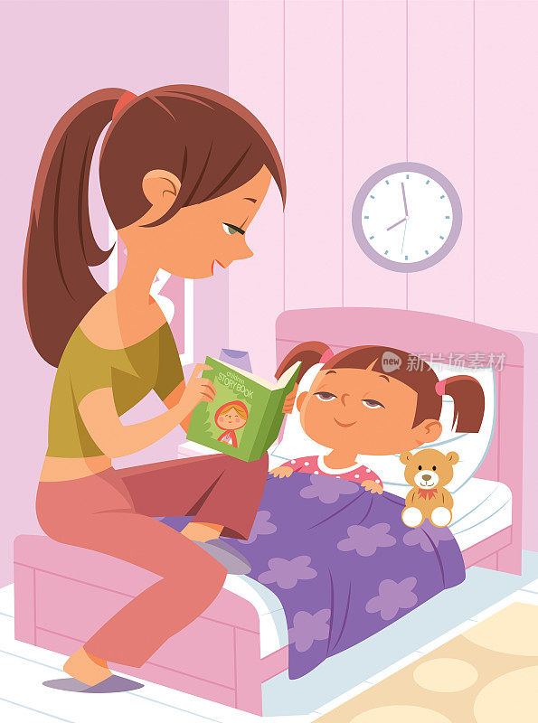 妈妈给小女儿读睡前故事