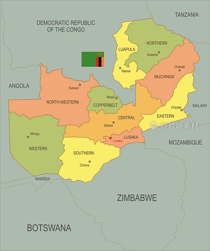 带有旗帜的赞比亚平面地图