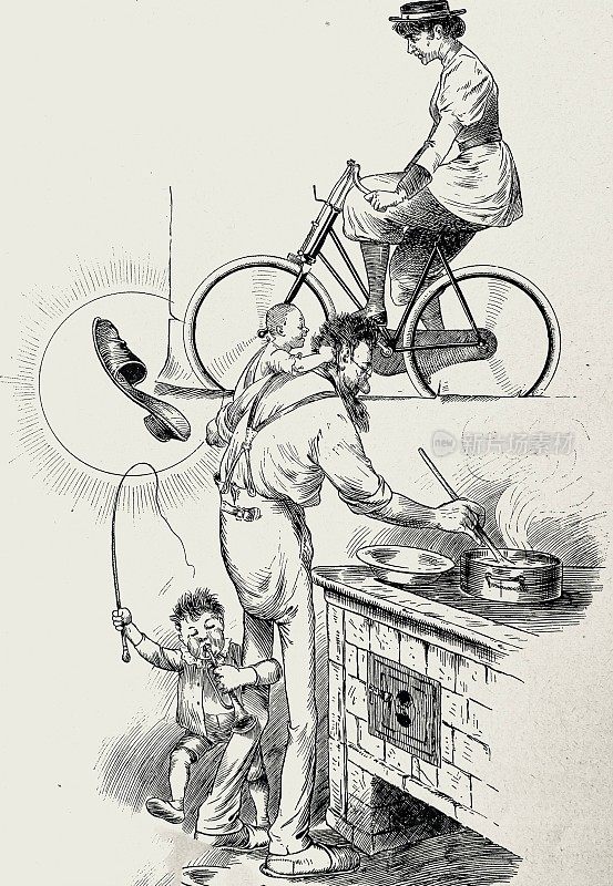 现代女人骑着自行车和她的丈夫在家里做饭