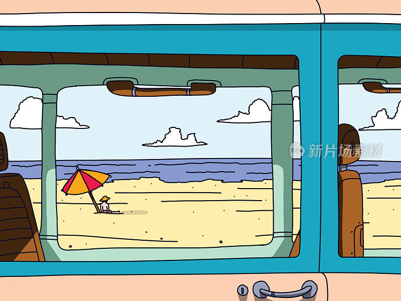 从一辆面包车或野营车里看到有人在遮阳下放松的海滩。