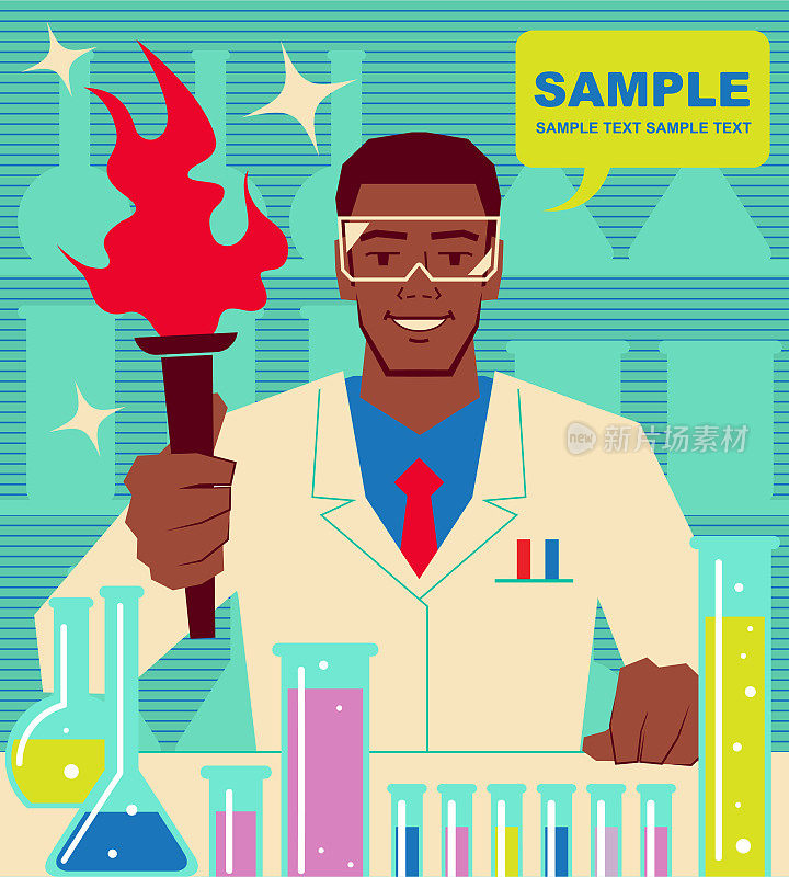 英俊的非裔美国科学家(医生、生物化学家)正举着燃烧的火炬做科学实验(医学研究)