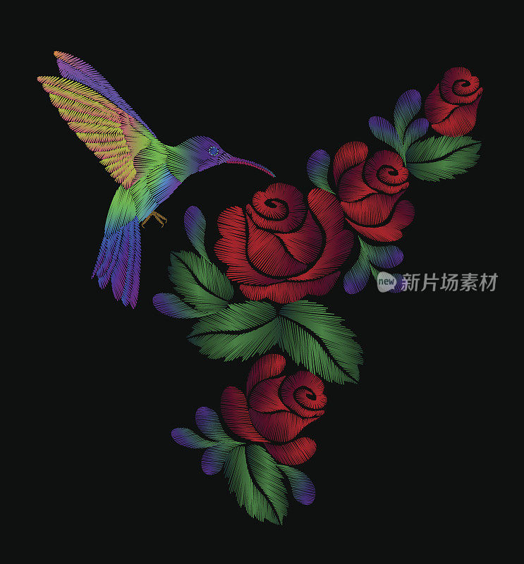 刺绣可爱的小鸟在红玫瑰上盘旋