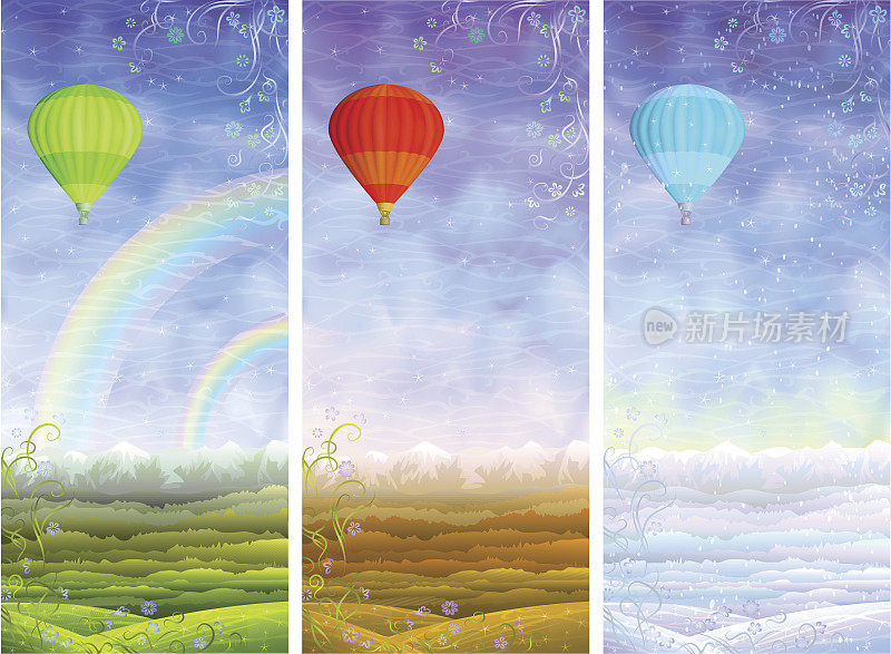 夏天，秋天和冬天滚动的风景气球