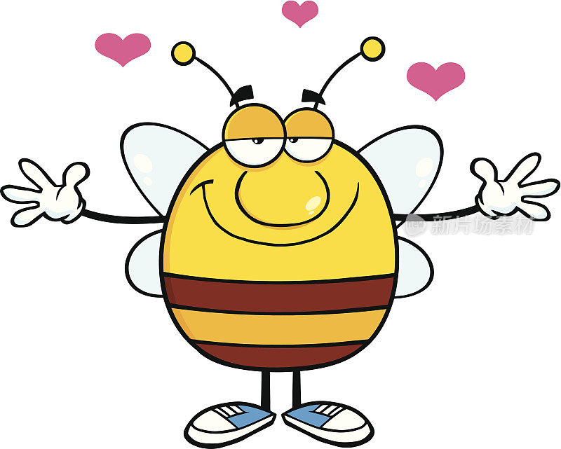 微笑矮胖的蜜蜂吉祥物张开双臂拥抱