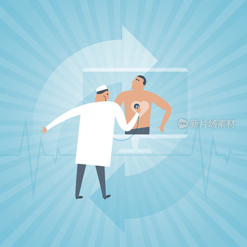 医生通过电脑远程检查病人的心跳。远程医疗、远程医疗的概念。