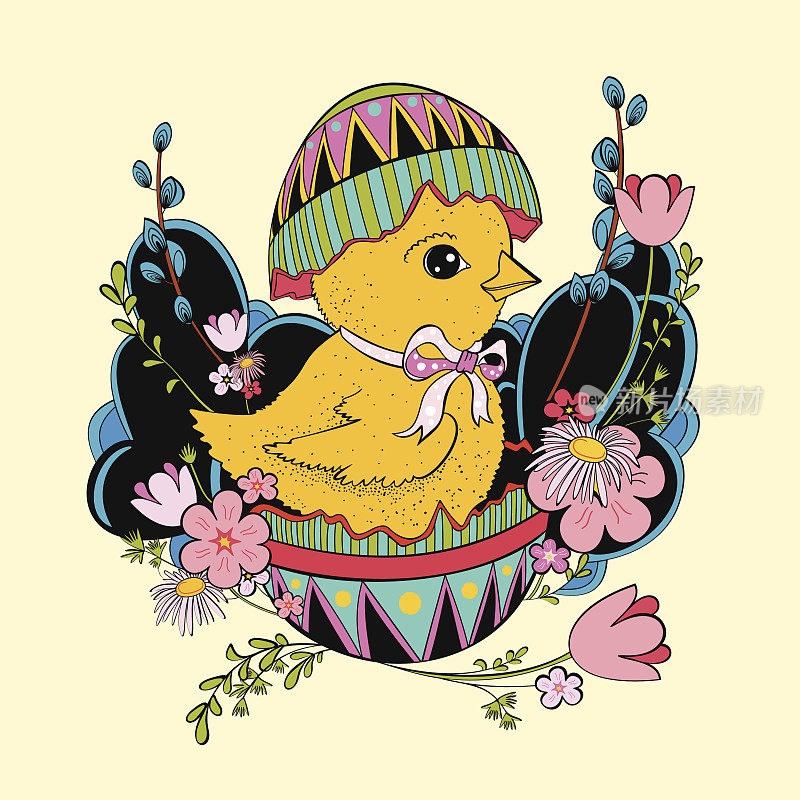 小鸡坐在复活节蛋壳里的插图