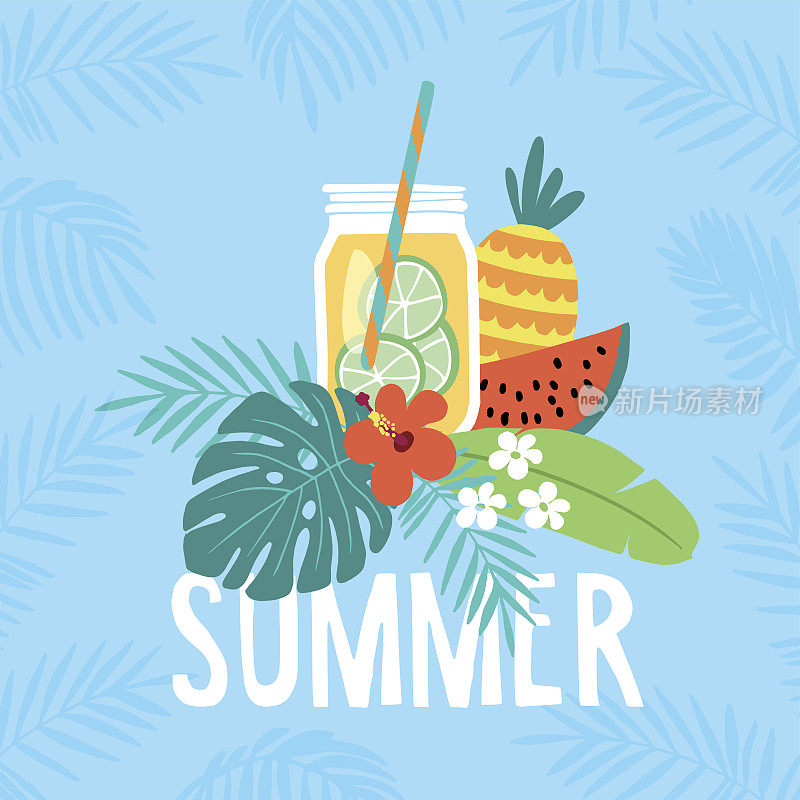 手绘的夏日贺卡，邀请与柠檬水饮料在梅森瓶。西瓜和菠萝的果实，有热带棕榈叶和芙蓉花。矢量插图，网页横幅