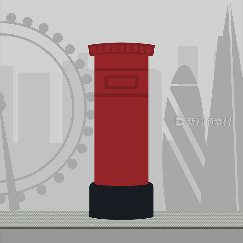 传统的伦敦红色邮箱。背景中的天际线。