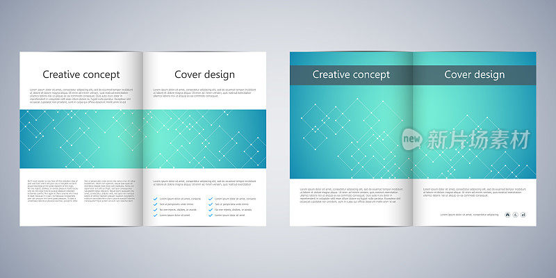 双重商业宣传册模板与抽象的背景。几何图形和用点连接的线。医学、技术和科学的概念。矢量图