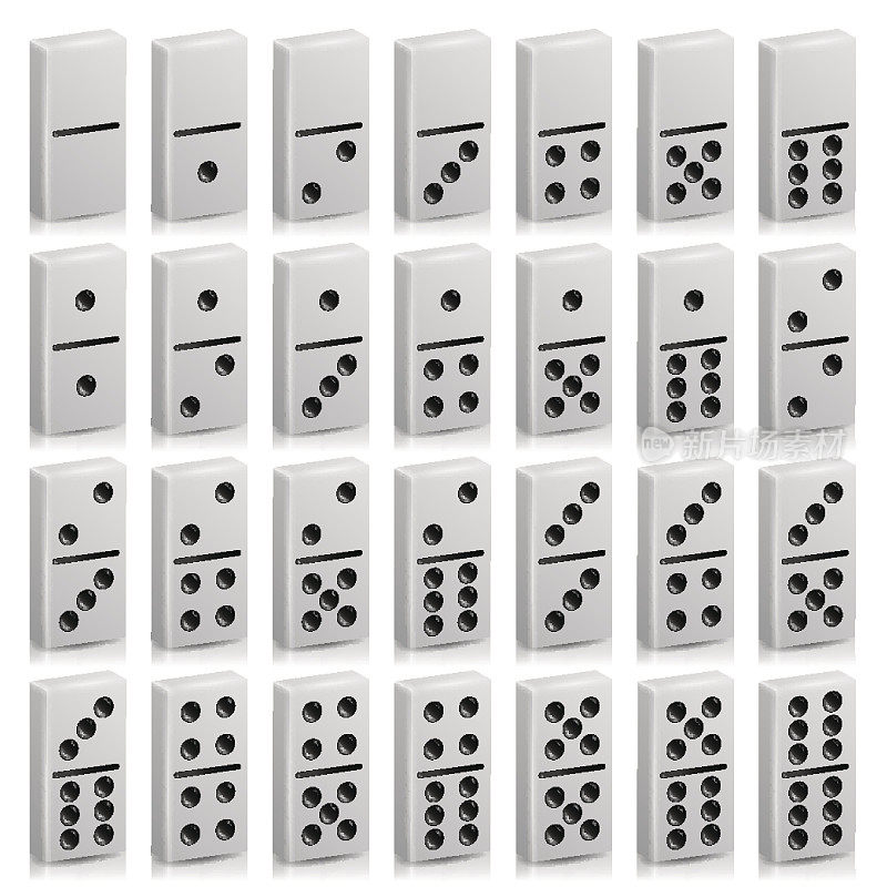 Domino集向量逼真的3D插图。白色的颜色。完全经典游戏多米诺骨牌孤立在白色。现代收藏28件