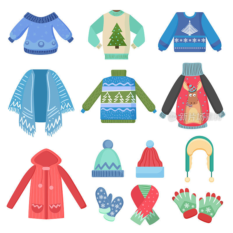 一套圣诞设计保暖冬装。围巾，冬帽，外套和帽子，夹克和手套。冬季时尚矢量插图。
