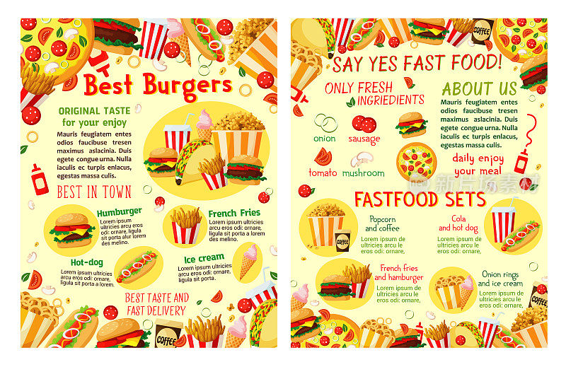 快餐、快餐和餐厅矢量海报