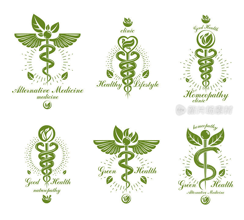 用蛇和绿叶创造的Caduceus向量概念标志。健康和和谐的隐喻。替代医学概念，植物疗法。
