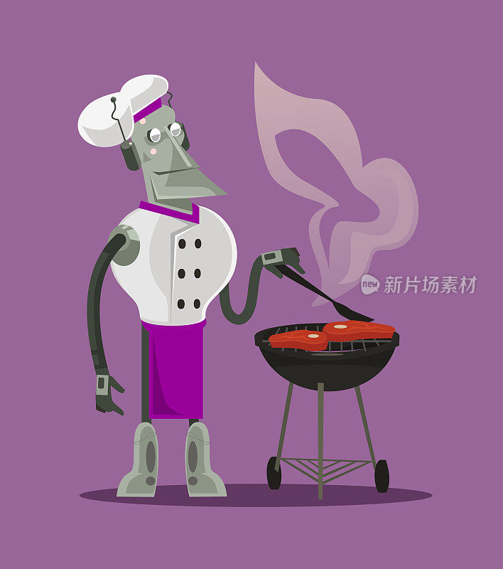 智能现代未来机器人炊具厨师机器人物烹饪准备和烤肉。未来幻想新技术概念
