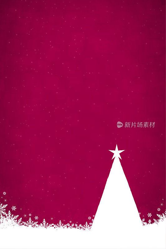 一棵白色三角形的圣诞树，以深红色的圣诞为背景，顶部有一颗星星，底部有雪花