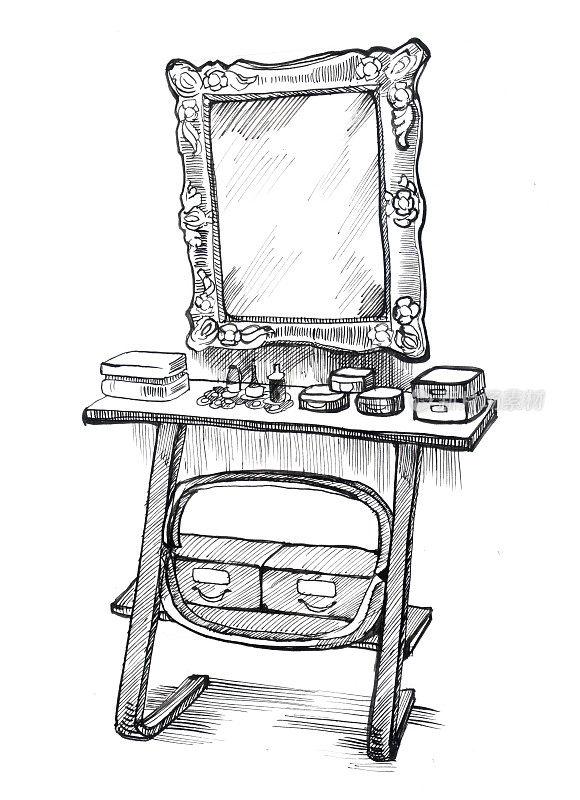 墨水笔。梳妆台，白色背景上的镜子素描