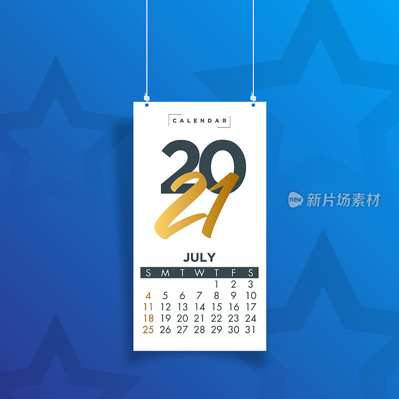 2021年7月。日历2021设计模板周周日开始。股票插图